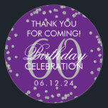 Pegatina Redonda Silver Purple 60th Birthday Gracias Confetti<br><div class="desc">Elegante 60 cumpleaños "Gracias" Purpurina de Faux Plata Confetti Purple etiqueta de favores.</div>
