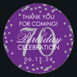 Pegatina Redonda Silver Purple 70th Birthday Gracias Confetti<br><div class="desc">Elegante 70º cumpleaños "Gracias" Purpurina de Faux Plata Confetti Purple etiqueta de favores.</div>