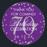 Pegatina Redonda Silver Purple 70th Birthday Gracias Confetti<br><div class="desc">Elegante 70º cumpleaños "Gracias" Purpurina de Faux Plata Confetti Purple etiqueta de favores.</div>