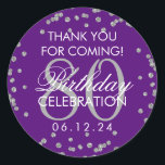 Pegatina Redonda Silver Purple 80th Birthday Gracias Purpurina<br><div class="desc">Elegante cumpleaños número 80 "Gracias" Purpurina de Faux Plata Confetti Purple etiqueta de favores.</div>