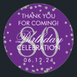 Pegatina Redonda Silver Purple 80th Birthday Gracias Purpurina<br><div class="desc">Elegante cumpleaños número 80 "Gracias" Purpurina de Faux Plata Confetti Purple etiqueta de favores.</div>