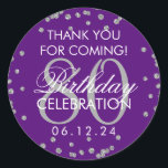Pegatina Redonda Silver Purple 80th Birthday Gracias Purpurina<br><div class="desc">Elegante cumpleaños número 80 "Gracias" Purpurina de Faux Plata Confetti Purple etiqueta de favores.</div>