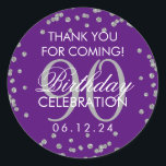 Pegatina Redonda Silver Purple 90th Birthday Gracias Purpurina<br><div class="desc">Elegante 90º cumpleaños "Gracias" Purpurina de Faux Plata Confetti Purple plantilla de etiqueta de favores.</div>