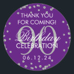 Pegatina Redonda Silver Purple 90th Birthday Gracias Purpurina<br><div class="desc">Elegante 90º cumpleaños "Gracias" Purpurina de Faux Plata Confetti Purple plantilla de etiqueta de favores.</div>