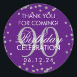 Pegatina Redonda Silver Purple 90th Birthday Gracias Purpurina<br><div class="desc">Elegante 90º cumpleaños "Gracias" Purpurina de Faux Plata Confetti Purple plantilla de etiqueta de favores.</div>