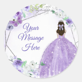 Pegatina Redonda Silver Purple Quinceañera Tu Mensaje Aquí