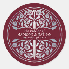 Pegatina Redonda Silver Red Royal Medieval Sword Wedding 