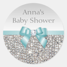 Pegatina Redonda Silver Secuencia Verde azulado Bow Diamond Baby Sh