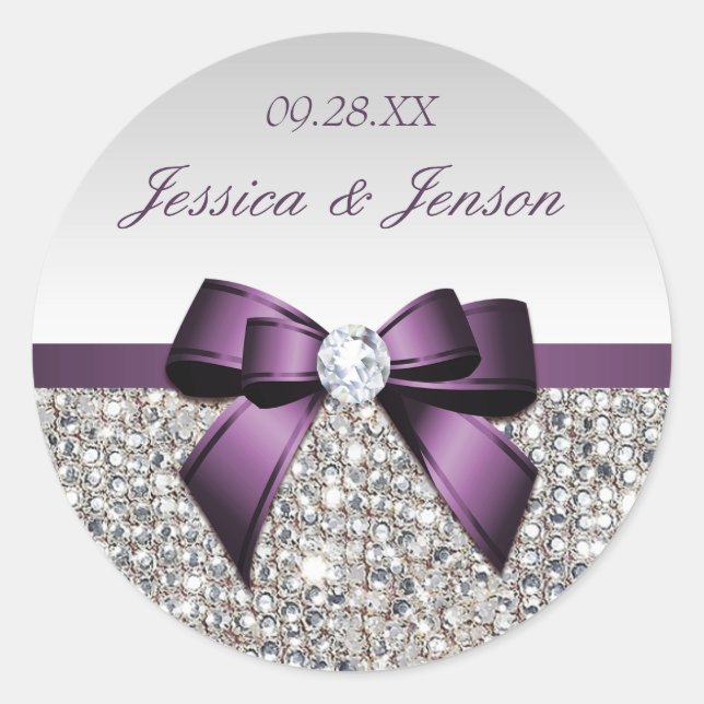 Pegatina Redonda Silver Sequins Morple Bow y Diamond Boda (Anverso)