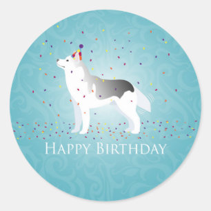 Pegatina Redonda Silver Siberian Husky Dog Happy Birday Design