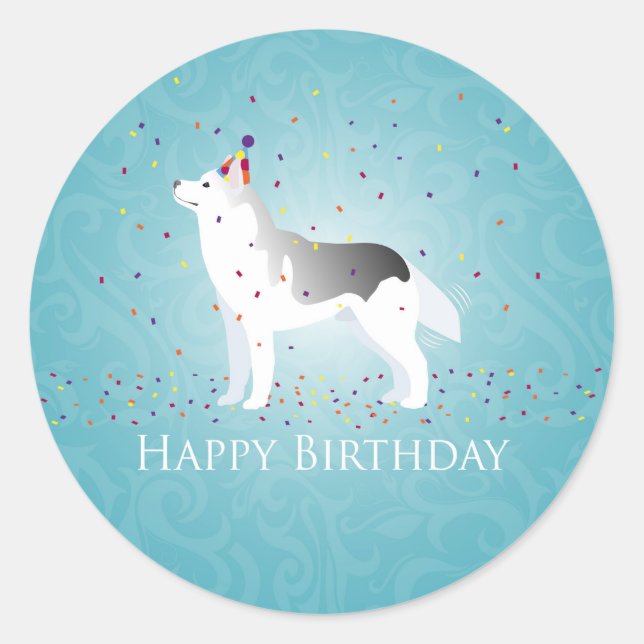 Pegatina Redonda Silver Siberian Husky Dog Happy Birday Design (Anverso)