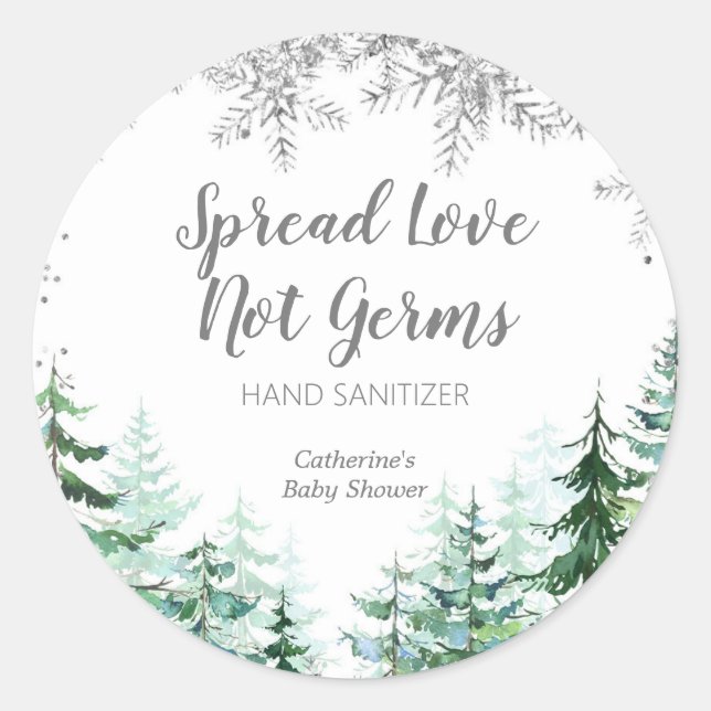 Pegatina Redonda Silver snowflakes forest Hand Sanitizers Label (Anverso)