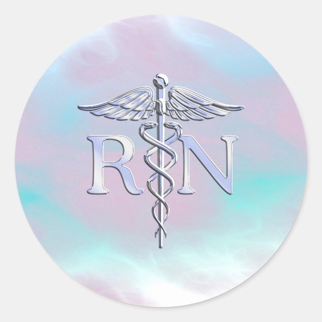 Pegatina Redonda Silver Style RN Caduceus Medical Mother Pearl (Anverso)