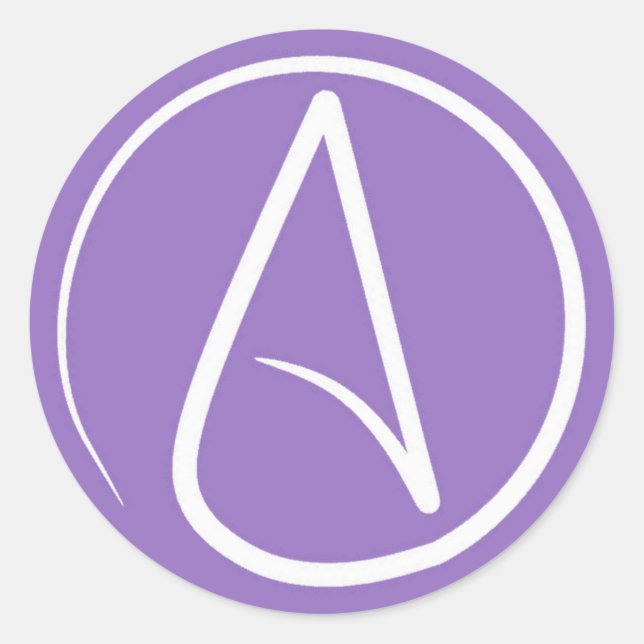 Pegatina Redonda Símbolo ateo: blanco sobre morado (Anverso)