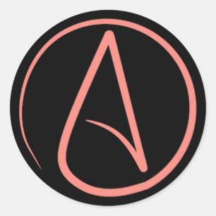 Pegatina Redonda Símbolo ateo: coral sobre negro