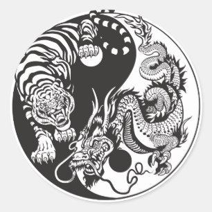 Pegatina Redonda Símbolo chino de dragón y tigre yin yang