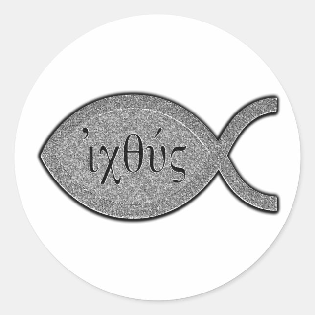 Pegatina Redonda Símbolo cristiano de pescado IXOYE - efecto de pie (Anverso)