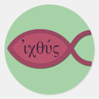 Pegatina Redonda Símbolo cristiano de pescado IXOYE - pergamino roj