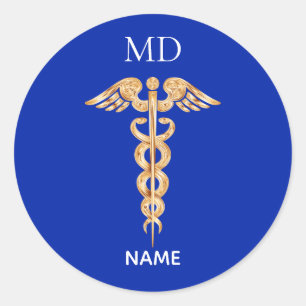 Pegatina Redonda Símbolo de caduceo dorado y monograma de médico