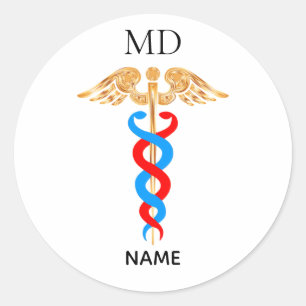 Pegatina Redonda Símbolo de Caduceo y Monograma de Médico