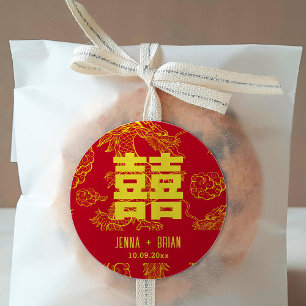 Pegatina Redonda Símbolo de Doble Felicidad al Estilo Dragón Rojo+D