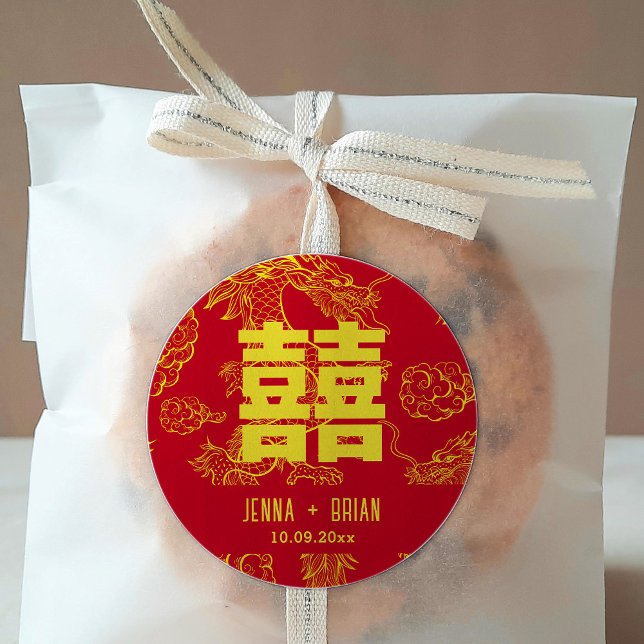 Pegatina Redonda Símbolo de Doble Felicidad al Estilo Dragón Rojo+D (Subido por el creador)