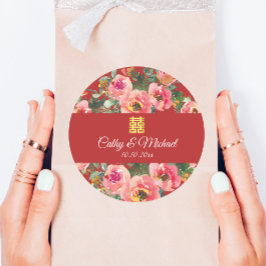 Pegatina Redonda Símbolo de doble felicidad de fondo de flor rosa