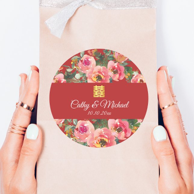 Pegatina Redonda Símbolo de doble felicidad de fondo de flor rosa (Subido por el creador)