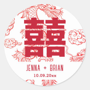 Pegatina Redonda Símbolo de Doble Felicidad Estilo Dragón Blanco Es