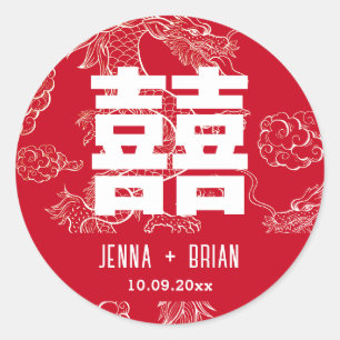 Pegatina Redonda Símbolo de Doble Felicidad Estilo Dragón Rojo