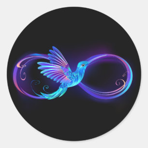 Pegatina Redonda Símbolo de infinito de neón con colibrí luminoso