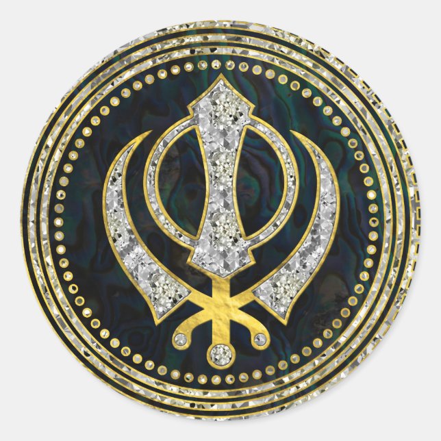 Pegatina Redonda Símbolo de Khanda decorativo con piedras preciosas (Anverso)