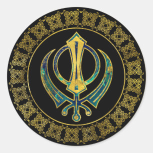 Pegatina Redonda Símbolo de Khanda del oro y del mármol