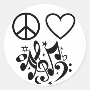 Pegatina Redonda Símbolo de paz negra del corazón rojo música de ar