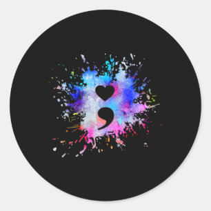 Pegatina Redonda Símbolo de semicolón de corazón gráfico acuarela