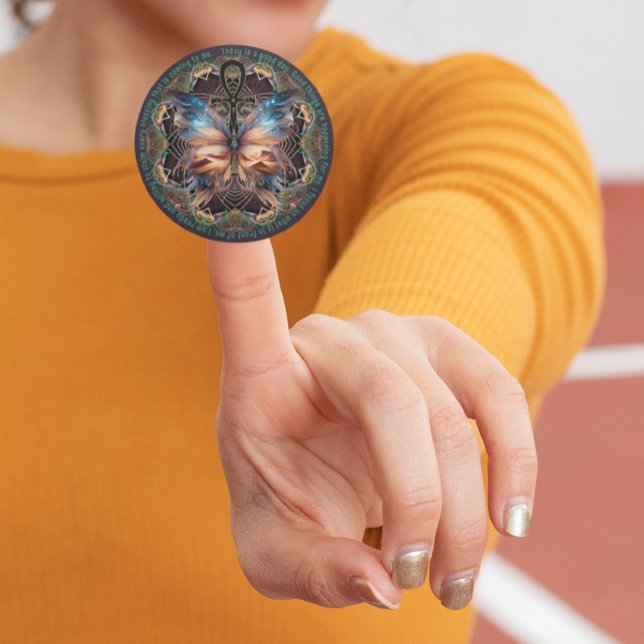Pegatina Redonda Símbolo de vida de mariposa de Ankh Mandala Afirma (spread the goodness with your favourite affirmation with ankh life artistry mandala by webgrrl.)