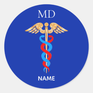 Pegatina Redonda Símbolo del caduceo y monograma de médico clásico