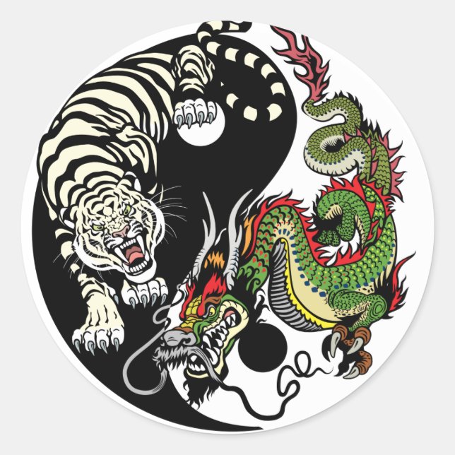 Pegatina Redonda símbolo dragón y tigre yin yang (Anverso)