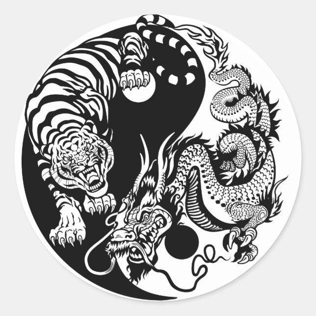 Pegatina Redonda símbolo dragón y tigre yin yang (Anverso)