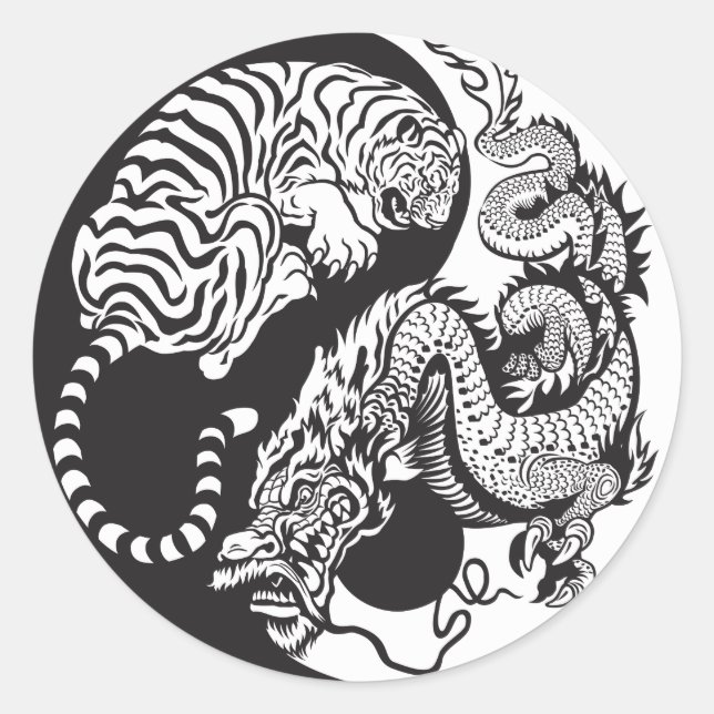 Pegatina Redonda símbolo dragón y tigre yin yang (Anverso)