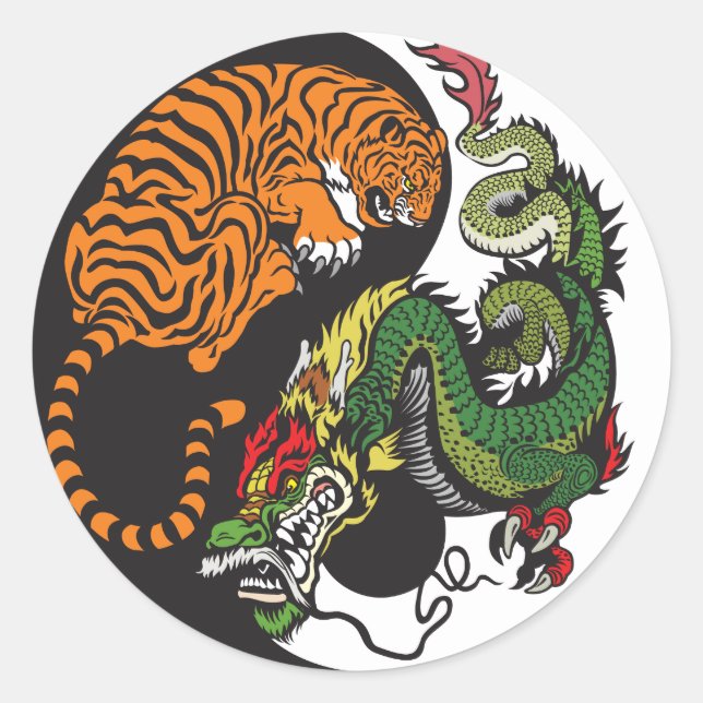 Pegatina Redonda símbolo dragón y tigre yin yang (Anverso)