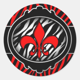 Pegatina Redonda símbolo fleur de lis de cebra roja malvada