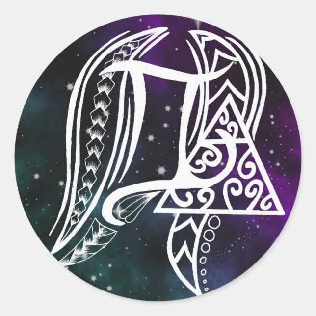 Pegatina Redonda Símbolo gemini zodiaco con arte tribal de línea (Anverso)
