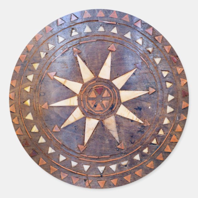 Pegatina Redonda símbolo griego antiguo madera motivo de sol étnico (Anverso)