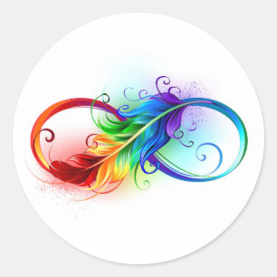 Pegatina Redonda Símbolo infinito con plumas arcoiris