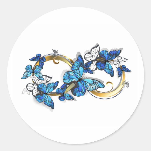 Pegatina Redonda Símbolo infinito de mariposas Morpho azules (Anverso)