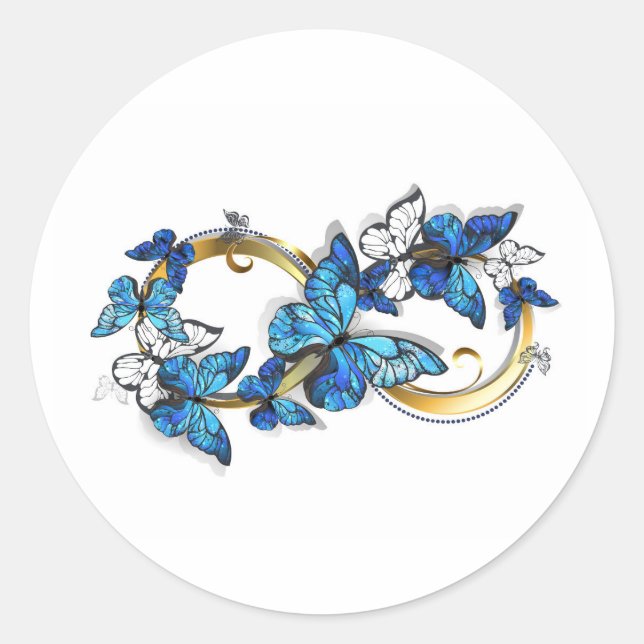 Pegatina Redonda Símbolo infinito de mariposas Morpho azules (Anverso)