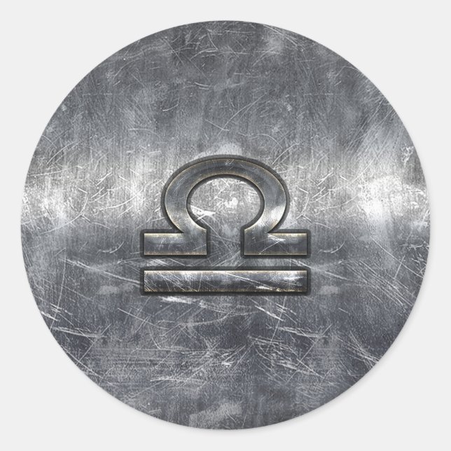 Pegatina Redonda Símbolo libra zodiaco en acero granulado plateado (Anverso)