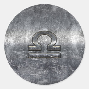 Pegatina Redonda Símbolo libra zodiaco en acero granulado plateado