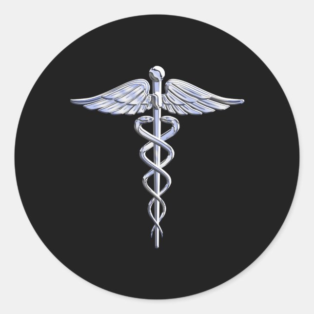 Pegatina Redonda Símbolo médico de Caduceus sobre negro (Anverso)